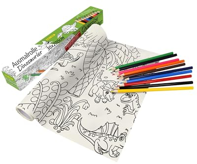 Online Buntstifte & Malrolle für Kinder zum Ausmalen I Selbstklebende 30 x 200 cm Zeichenrolle Dino-Motiv I ohne Rückstände ablösbar I ab 3 4 5 6 7 Jahren I Jungen I Mädchen I inkl. 10 Buntstifte
