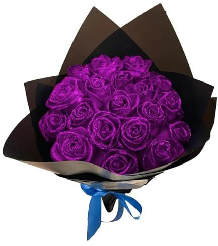 ZXH Personalized Glitter Rose Bouquet, Artificial Flowers Bouquet, Red/Blue/Pink/Black/Gray/Green/Purple Roses Bouquet, Ramo De Rosas Eternas with Stem/Paper/Ribbon, Valentine's Day Gift (30