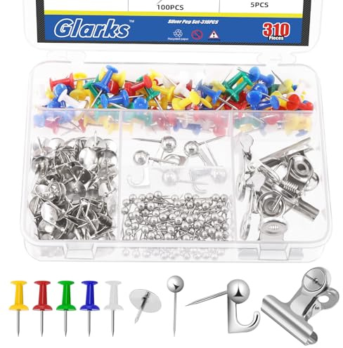 Glarks 310 PCS 5 Argent par Aiguille Set, Pouce Clou décoration pour Billboard décoration par Aiguille, oeuvres d'art, Photos, Artisanat