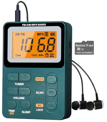 Paeiope Portable Radio AM FM, Rechargeable Pocket Speaker with Best Reception Digital Tuning, MP3, Stereo Earphone, Large LCD Screen, TF Card Socket, Transistor Radio for Jogging/Gym/Camping…