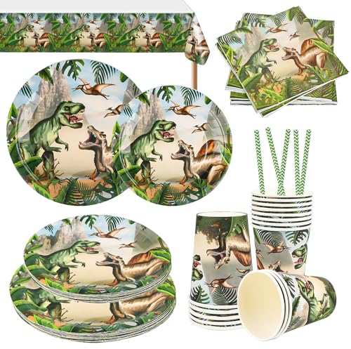 Vajilla de fiesta de dinosaurios, dinosaurio, cumpleaños, decoración, juego de 81 piezas, vajilla de dinosaurio, platos de papel, vajilla de cumpleaños infantil, juego de vajilla desechable para niños