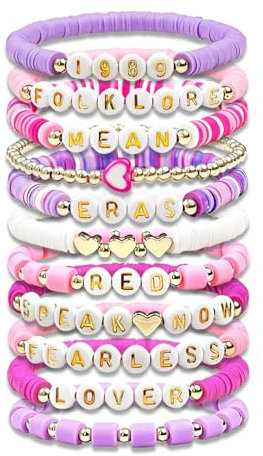 Huayuehong 11Pcs Bracelet Set, Friendship Bracelets, Music Fans, Party Decorations, Colorful Polymer Clay Slice Bracelet Set For Women, Pink And Purple