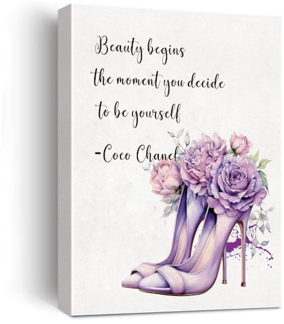 Coco Chanel Zitate Wandkunst auf Leinwand, hochhackige Blumenschönheit beginnt den Moment, in dem Sie sich entscheiden, sich selbst zu sein, Poster, modisches Kunstwerk für Mädchen, Make-up-Raum,