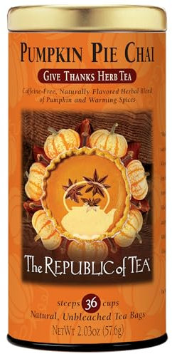 The Republic of Tea Pumpkin Pie Chai, koffeinfreier Bio-Kräutertee mit Kürbis, Zimt, Ingwer und herbstlichen Gewürzen, 36 Teebeutel in hübscher Tee-Dose, perfekt für gemütliche Momente