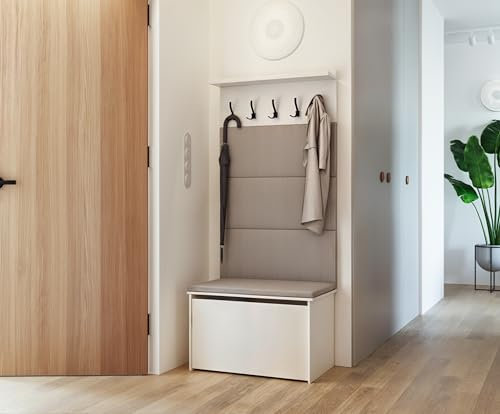 KOBI Andy Dielenset mit Sitz | Kleiderbügel + Box | Polsterplatten | Garderobe für den Flur | (Grau)