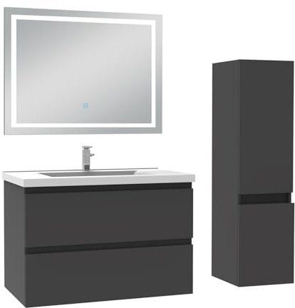 AICA Ensemble Meuble Salle de Bain 80cm Simple Vasque avec Colonne et Miroir 3 Couleurs Anthracite