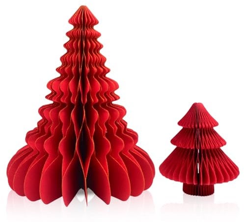 Premium Reusable Christmas Honeycomb Decorations - 2Pcs 3D Gold Rim Paper Tree Indoor Hanging Decor (Red)