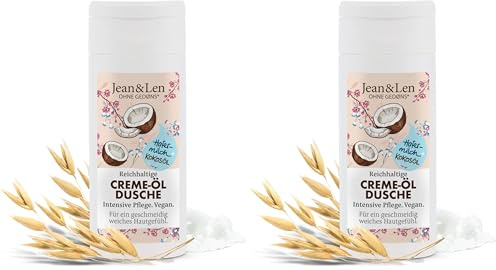 Jean & Len Reichhaltige Creme-Öl Dusche Hafermilch & Kokosöl Reisegröße, schützt die Haut vor dem Austrocknen, praktische Reisegröße, ohne Parabene & Silikone, pH-hautideal, vegan, 50 ml (2er Pack)