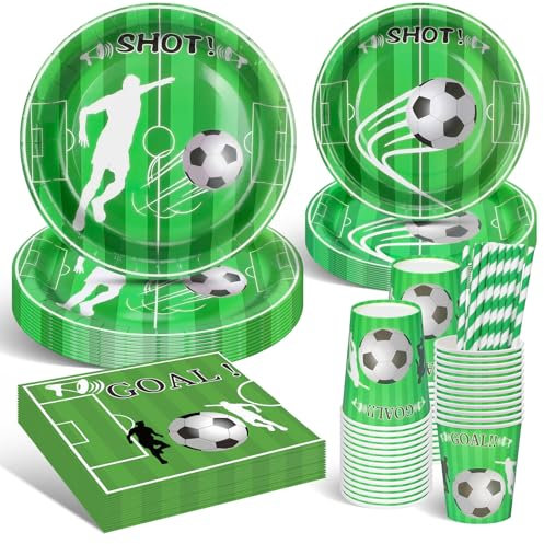 DANXIAN Fußball Deko Geburtstag Kinder Partygeschirr Set, Fussball Deko Party Geschirr, Mädchen Junge Mottoparty Grün 20 Gäste