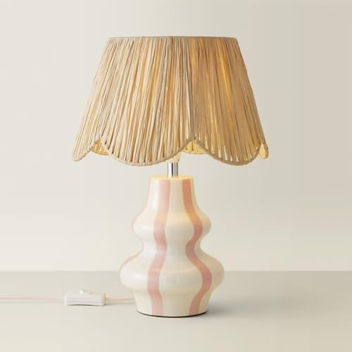 ValueLights | Blush Pink Ceramic Pin Stripe Bedside Table Lamp with Natural Raffia Lampshade Living Room Bedroom Light | Table Lamps, Home Décor & Improvement Essential | Included LED Bulb