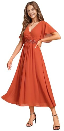 Ever-Pretty Women's Embellished Midi Evening Dress Ladies Short Sleeve line with Short Sleeve for Wedding Guest Dress Burnt Orange 18UK