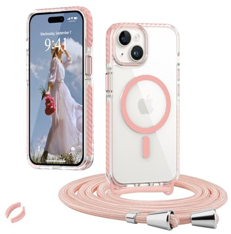 Micoden Magnetische Handyktte für iPhone 15 Hülle mit Band Transparent Necklace Handyhülle, Stoßfeste Schutzhülle, Kompatibel mit MagSafe, Abnehmbar Kordel zum Umhängen Silikon TPU Case, Rosa