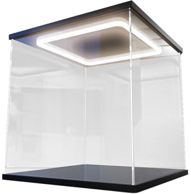 ToyGhillied Staubdichte Modell-Vierseiten-Vitrine mit LED-Beleuchtung, Acryl-Vitrine für Motormodelle (25×25×25cm)