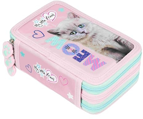 Goldkids - Federmäppchen 3 Fächer - Mäppchen für Mädchen und Jungen - Federmappe 3-Fach Federtasche 44-teilig Gefüllte Schüleretui Schulmäppchen- Katze Motiv