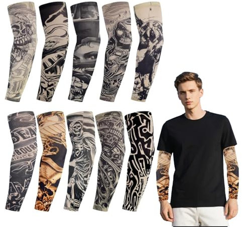10 Stück Tattoo Ärmel Set,Gefälschte Sonnencreme Armlinge,Armtattoostrumpf Herren Lang,Armtattoostrumpf,Stoff aus Polyester,10 Verschiedene Muster,Geeignet für Erwachsene,Tattoo-liebhaber