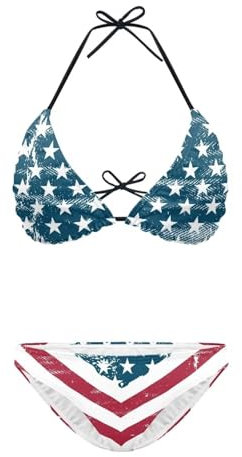 Ensemble de bikini deux pièces pour femme avec bretelles spaghetti, haut triangulaire, bas taille basse, maillot de bain avec cordon à nouer, drapeau des usa, S