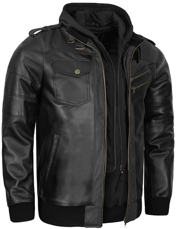 Leatherick Giacca in pelle di agnello di alta qualità da uomo – Cappuccio in pile rimovibile con 7 tasche funzionali e chiusura frontale con cerniera (IT, Testo, M, Regular, Regular, Nero)