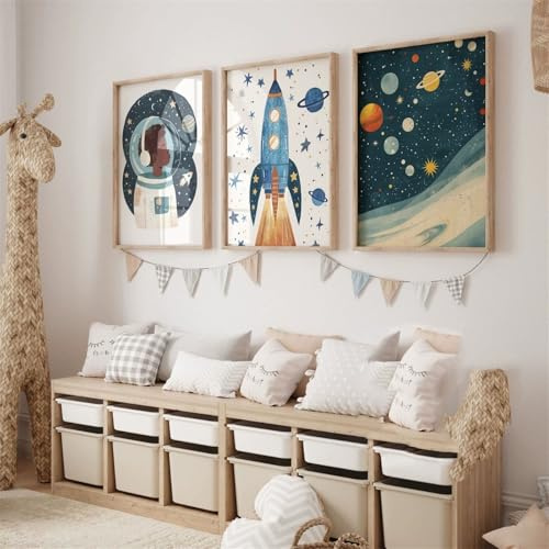 Generisch 3er Set Poster, Cartoon-Astronaut Rakete Planet Bild, Weltraum-Wandkunstposter,für Kinderzimmer, Rahmenlos (30×40cm)