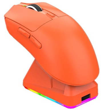Lazmin112 Souris Gaming Légère, Filaire, 2,4 Ghz Et Bluetooth, 1 000 Hz, 800 à 12 000 Dpi, Éclairage RGB, avec Base De Chargement sans Fil, 7 Boutons Pratiques, Autocollants (Orange)