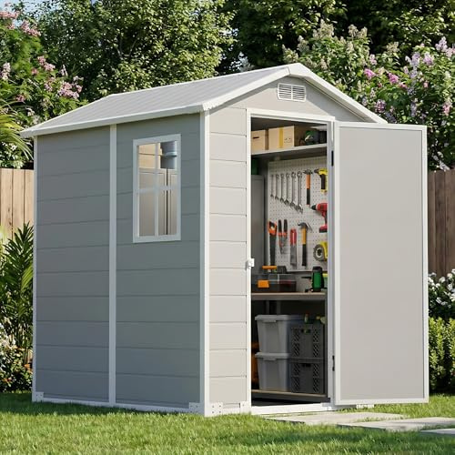 4x6 FT Plastic Garden Shed with Floor | Outdoor Storage Shed Waterproof with Lockable Door, Window & Vents | Perfect for Backyard, Patio, Lawn – Store Tools, Bicycles