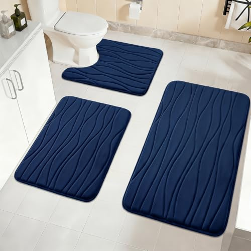 Homcomodar Badezimmerteppich Set 3 Weicher Memory-Schaum Badematte rutschfest Badteppich Waschbar Badematte Wasserabsorbierend und U-Form Bad Toilette für Dusche, WC & Badewanne (Blau)