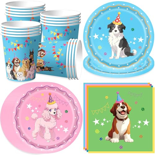 pekifaves Hund Partygeschirr Set, haustier Party Geschirrset | Haustier Hund Geschirr Geburtstag Pappbecher Pappteller Servietten Deko Set, Dog Party Supplies Set 16 Gäste