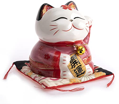 lachineuse - Chat Maneki Neko - Porte-Bonheur Japonais - Statuette Chat en Porcelaine - Objet Kawaii Déco - Chat Japonais Asie Décoration - Chance, Bonheur, Fortune