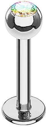Piersando Piercing Stab Stecker Kugel mit Kristall Lippen Labret Lippenpiercing Ohr Tragus Ohrpiercing Helix Nase Intim Zungen Nasen 1,2mm x 8mm x 3mm Silber Rainbow