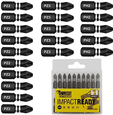 20 punte per cacciavite a percussione SabreCut SCPB25_20 da 25 mm PZ2 PZ3 PH2 a un'estremità PoziDriv POZI n. 2 n. 3 Phillips n. 2 per impieghi gravosi con scatola di immagazzinaggio