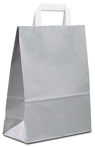Papiertüten grau mit Flach-Henkel I 100 Stk. 22+10x28cm I Papiertragetasche für Einzelhandel, Weihnachten, Mitbringsel, TO-GO I Geschenktüten aus Kraftpapier I HUTNER