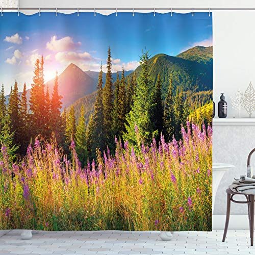 ABAKUHAUS Natur Duschvorhang, Frühlings-Blumen-Berg, Stoffliches Gewebe Badezimmerdekorationsset mit Haken, 175 x 200 cm, Grün Rosa