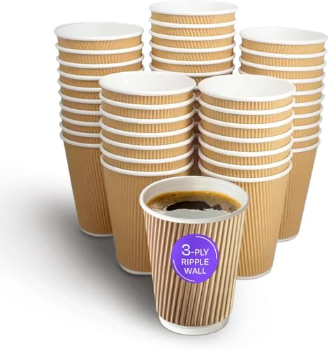 We Can Source It Ltd 16oz Ripple Brown Kraft Paper Cups - Strong 3-PLY Disposable Insulated Coffee Cups - Leak-Proof Recyclable Drinking Cups for Hot Drinks, Tea, Coffee and Beverages (1000)