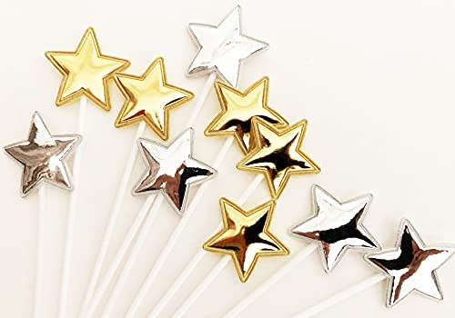 AILEXI Handmade 10 Counts Leather Reflective Glitter Cake Decorating Toppers for cake cupcake and icecream - 5 Gold and 5 Silver Stars