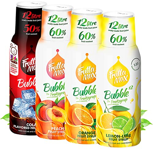 4 x 500 ml FruttaMax Getränkesirup Frucht-sirup Konzentrat | Orange-Zitrone-Limette-Cola-Pfirsiche- | weniger Zucker | mit 50-60% Fruchtanteil | für Soda Maschine geeignet
