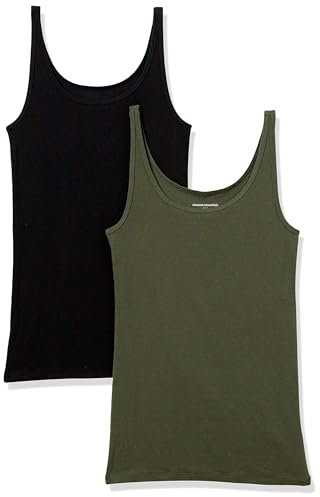 Amazon Essentials Top Ajustado sin Mangas y con Tirantes Finos Mujer, Pack de 2, Negro/Verde Oliva, XL
