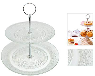 YöL 2 Tier Cake Stand Glass Muffin Cupcake Embossed Afternoon Tea Serving Platter