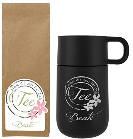 Herz & Heim® WMF Thermobecher mit Gravur und Früchtetee - Nimm dir Zeit für dich - mit Wunschnamen Mattschwarz