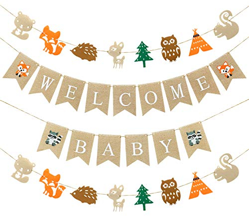 Dekoration für Babyparty, aus Holz, Babyparty, Jungen, Holz, 1 Banner Welcome Baby, 2 Banner mit Holzkreaturen, Girlande von Waldtieren, Fuchs, Hirsch