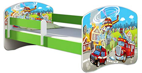 ACMA Kinderbett Jugendbett mit Einer Schublade und Matratze Grün mit Rausfallschutz Lattenrost II 140x70 160x80 180x80 (36 Feuerwehr, 160x80)