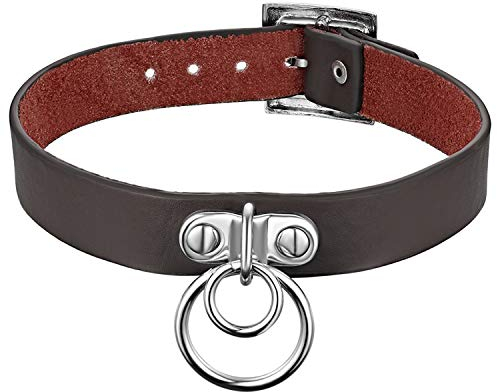 Cupimatch Leder Choker Halsband Gothic Punk Rock O-Ring Kreis verstellbare Lederhalsband Kragen Halskette Kette für Damen Herren, Braun