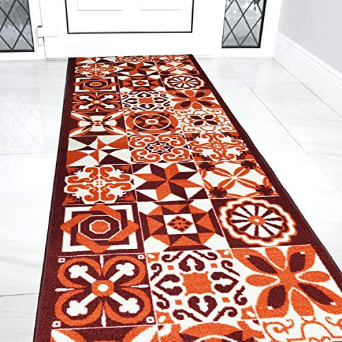 Bravich RugMasters Tiles RED Rubber Backed Non Slip Machine Washable Very Long Hallway Hall Runner Narrow Rugs Custom Length Stair Mats 2'2x12'FT (66x366cm)