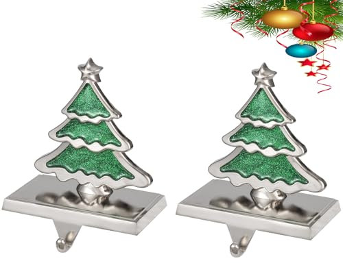 Yuokwer Set of 2 Christmas Stocking Holders for Mantle-Christmas Stocking Hangers for Mantel Xmas Stocking Hooks for Fireplace,Metal Mantle Hooks Shelf Hanger Mantelpiece Decoration (Xmas Tree)