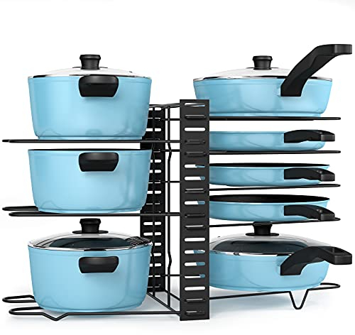 Liesun almacenamiento cacerola con 8 compartimentos ajustables, almacenamiento tapa cacerola, ollas en armario, poele, cocina plato, soporte para poele.
