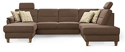 CAVADORE Wohnlandschaft Palera / U-Form Federkern-Sofa mit Schlaffunktion, Stauraum und 2 Kopfstützen / 314 x 89 x 212 / Mikrofaser, Hellbraun