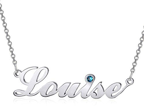 925 Sterling Silver Personalised Name Necklace with Birthstone Custom Name Plate Necklace Gift for Women Girls Silver