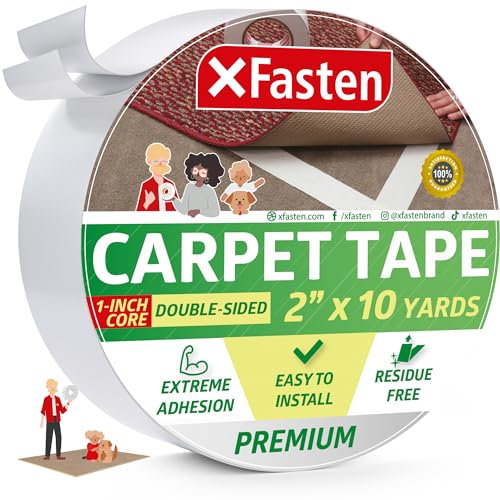 XFasten Double Sided Carpet Tape for Area Rugs 2 Inch x 10 Yards 1-Inch Core, Residue-Free Carpet Tiles Tape, Heavy-Duty Rug Pad Gripper for Hardwood, Vinyl Flooring Underlayments, Laminate Wood-Safe