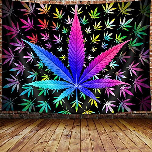 VEIGIKE Coole Trippy Weed Tapisserie, Neon Tie Dye Marihuana Blatt Cannabis Kunst Tapisserie Wandbehang für Männer Schlafzimmer, bunte Schwarzlicht Tapisserien Poster Decke College Wohnheim Wohnkultur