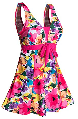 Ecupper Maillot de Bain Une Pieces pour Femme Rétro Jupe avec Volantée Contrôle du Ventre Push Up Col en V Rose 2XL