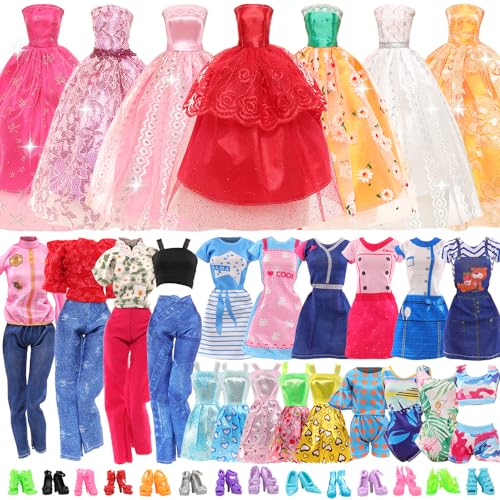 Miunana 27 Puppenkleidung Kleidung für Puppen = 6 Kleider 3 Tops 3 Hosen 3 Abendkleider 2 Badenanzüge 10 Schuhe für 11,5 Zoll Mädchen Puppen