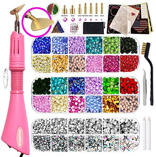 Bedazzler Kit mit Strasssteinen, Hotfix-Applikator, DIY-Hotfix-Strass-Setter, Hot Fixed Wand Tool Kit, 3560 Stück, Crystal AB, transparent, 14 Farben, Pinzette, Edelsteinpflücker, Tabletts, Tasche
